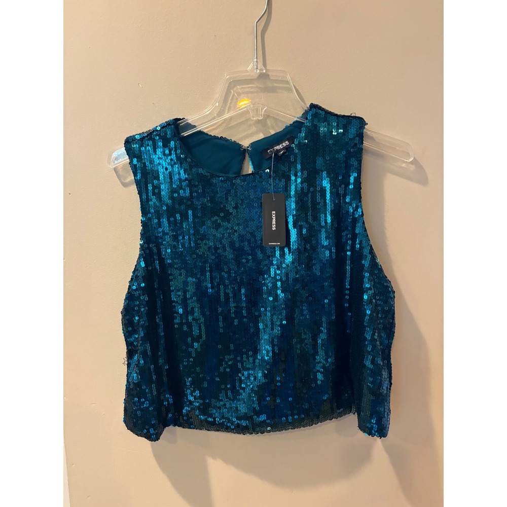 Express Womens Teal Sequin Sleeveless Crop Top Keyhole Back Size M NEW